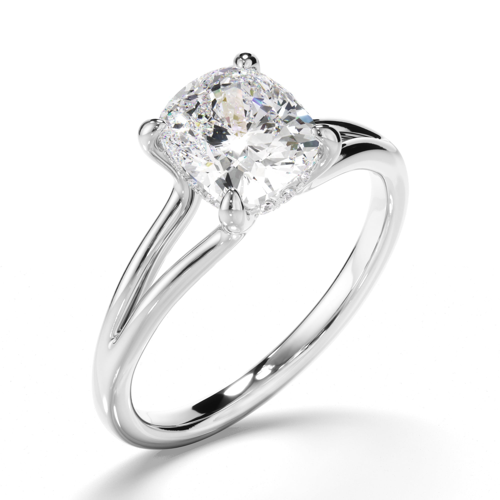 Cushion Cut Diamond Solitaire Hidden Halo Engagement Ring