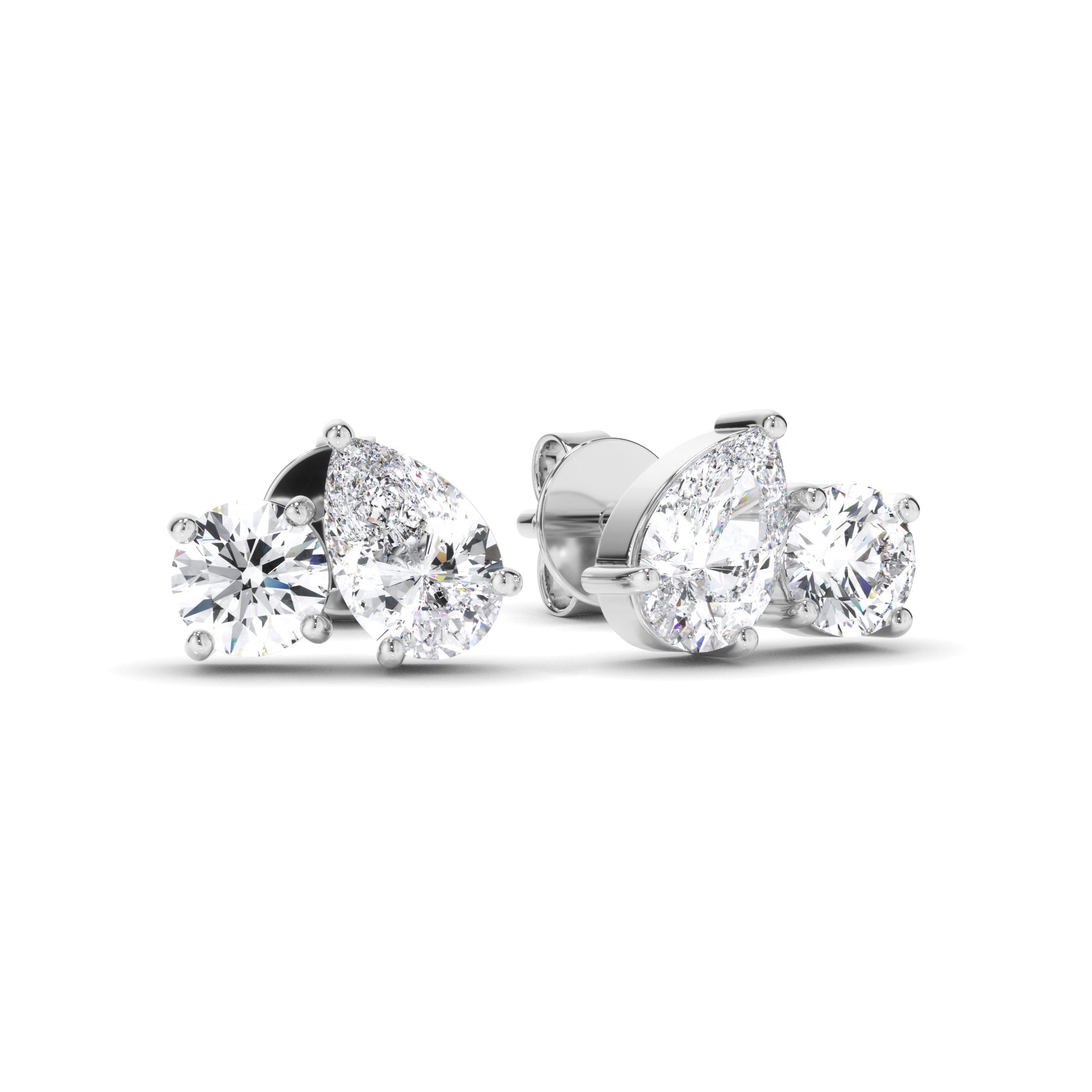 Pear & Round Brilliant Cut Diamond Toi et Moi Stud Earrings