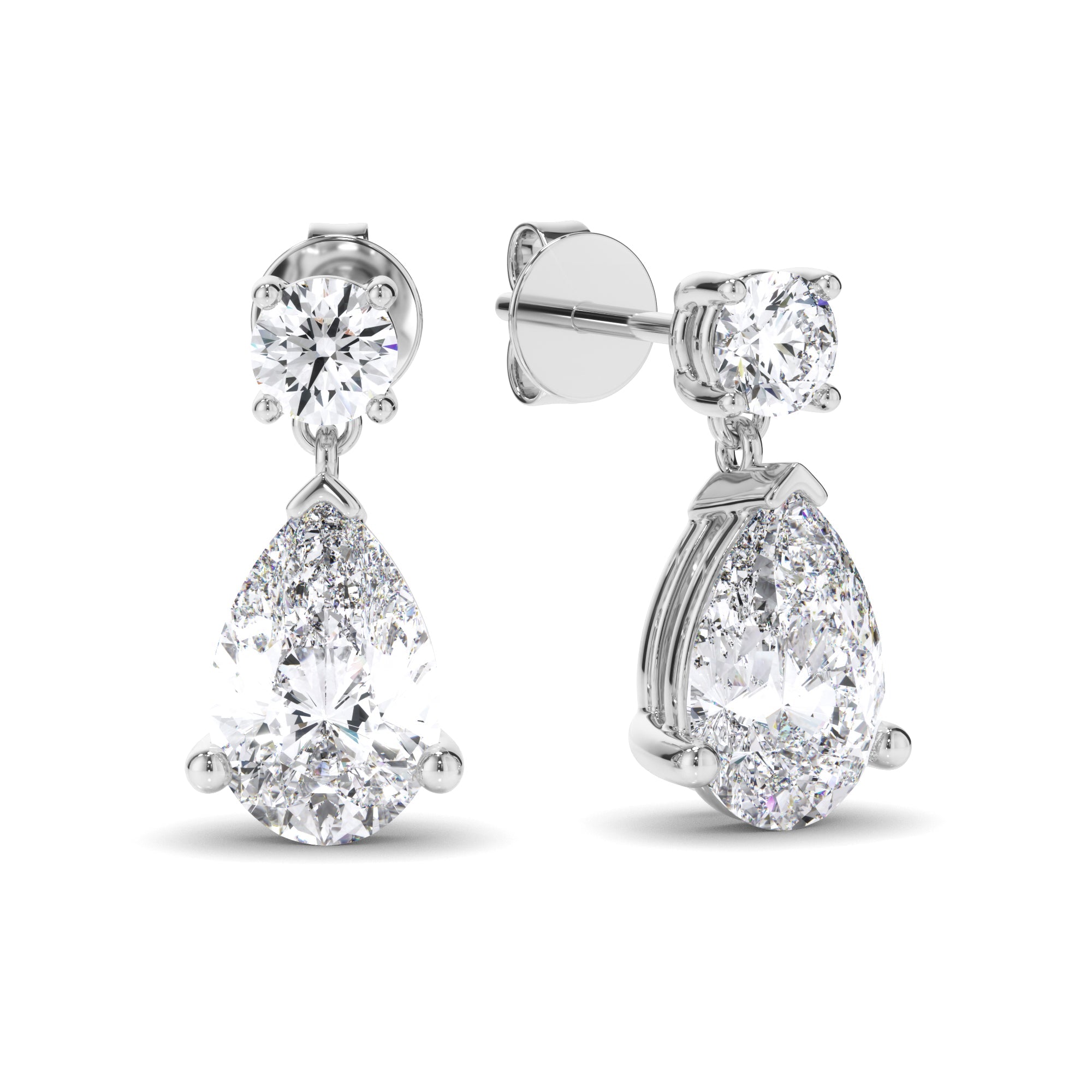 Pear & Round Brilliant Cut Diamond Drop Stud Earrings