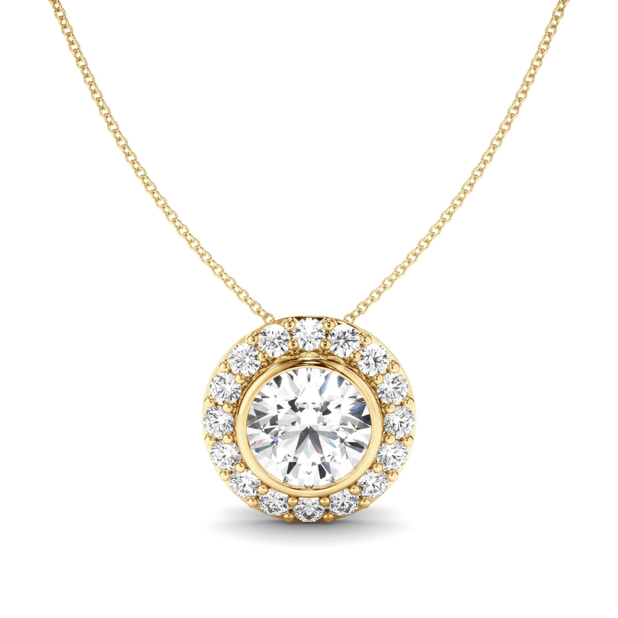 Round Brilliant Cut Diamond Bezel Set Halo Necklet