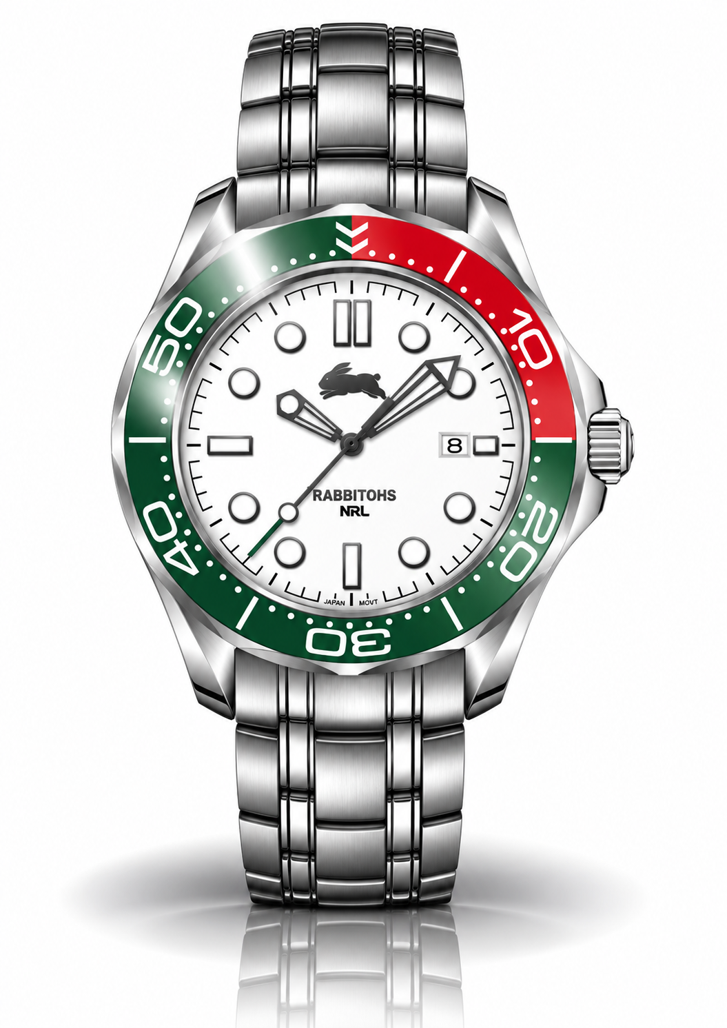 Rabbitohs MatchTimer Away Series on its stainless steel bracelet