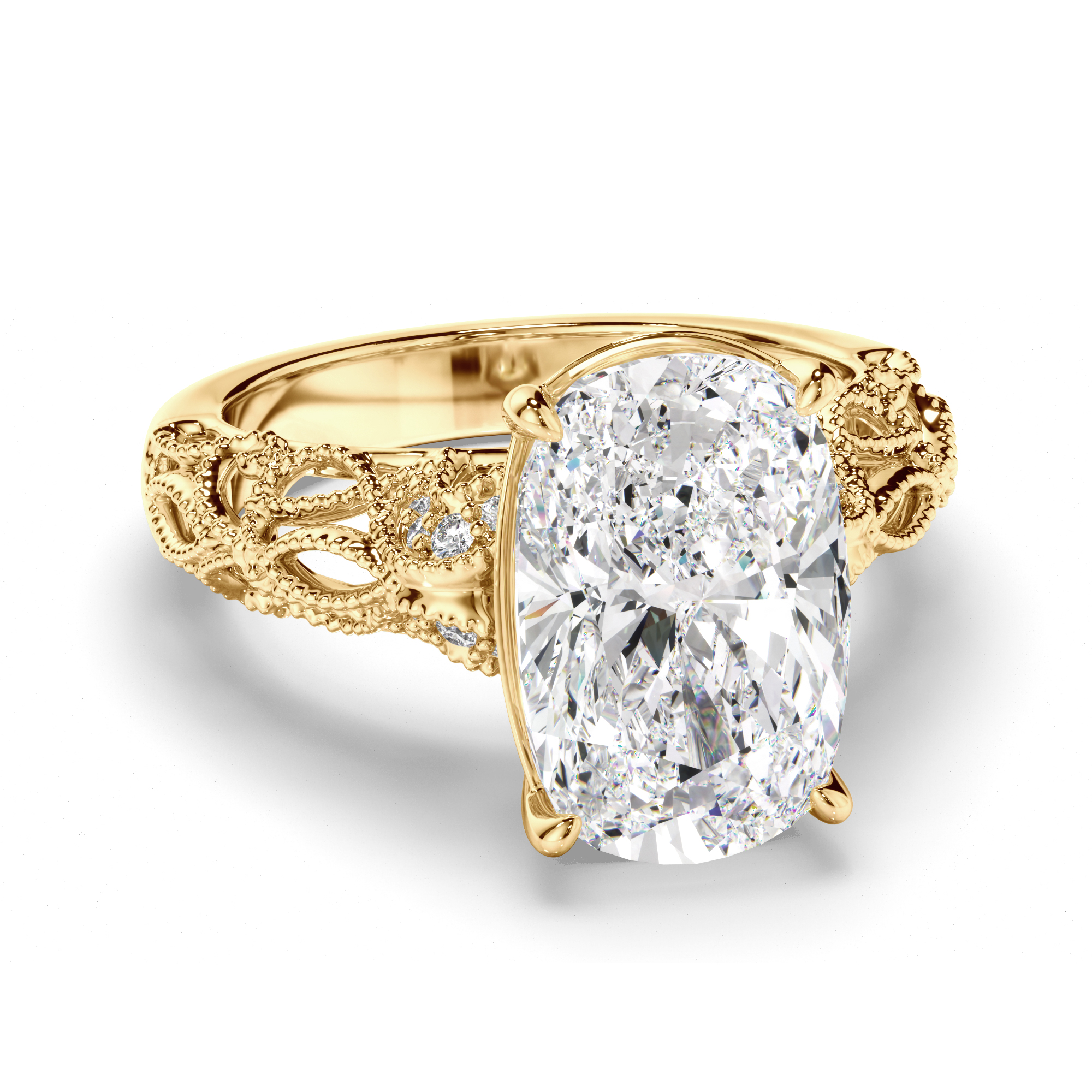 Filigree engagement ring with bead-set diamond shoulders