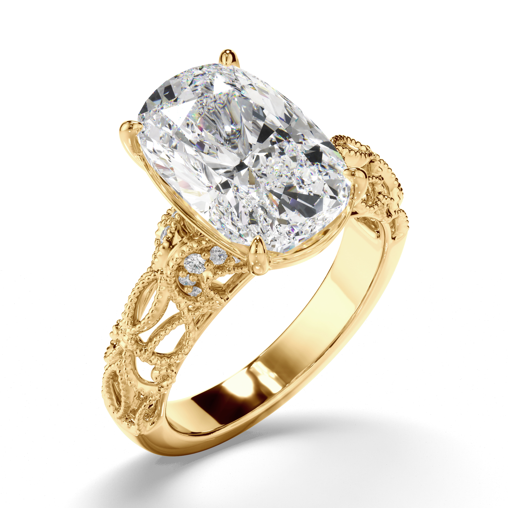 Signature yellow gold filigree engagement ring with a cushion-cut diamond, handmade by Nathan Jewellers