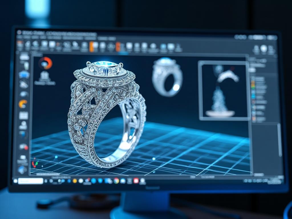 3D CAD software showing diamond ring design on computer screen