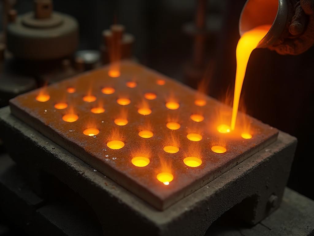 Molten gold being poured into casting moulds for mass jewelry production