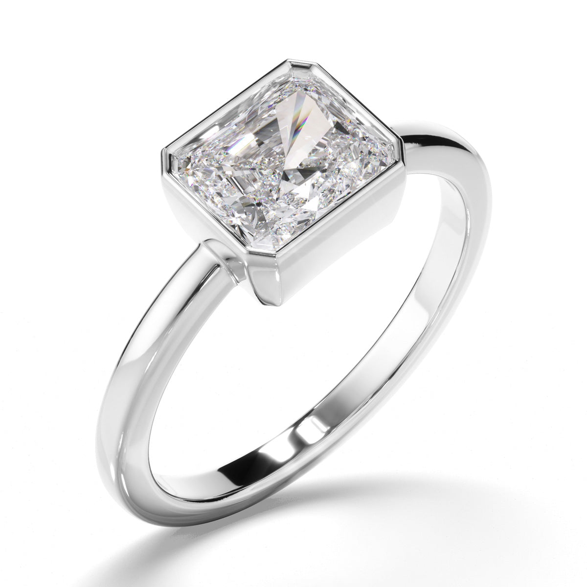 Radiant Cut Diamond Bezel East West Solitaire Engagement Ring